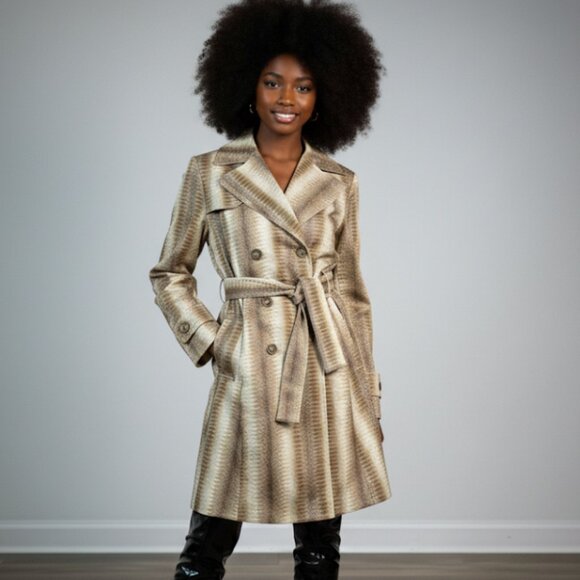 HELENA BERMAN LONDON FIT + FLARE SNAKE PRINT SATIN FEEL TRENCH COAT - Picture 2 of 14